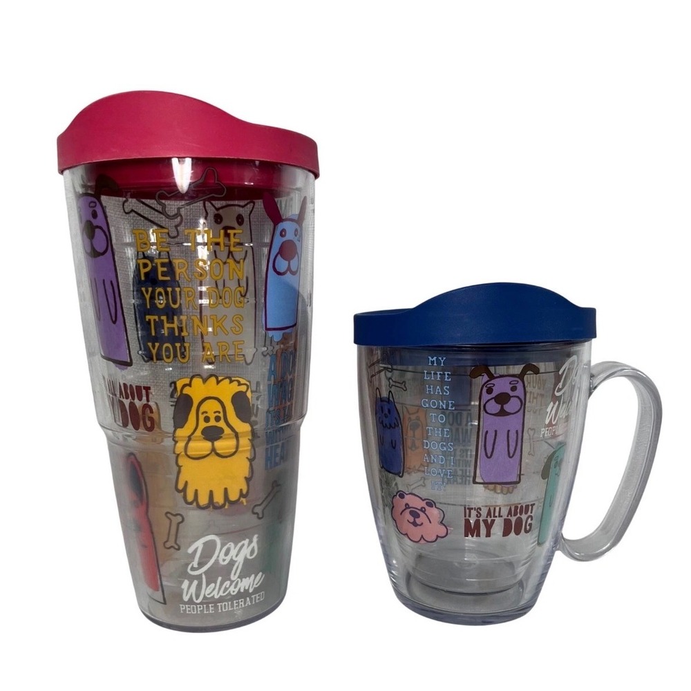 Tervis Dog Themed Insulated Tumbler 24oz and 16oz Mug Set with Lids Pink Blue